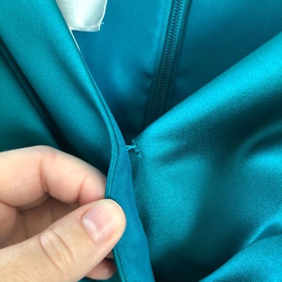 David's Bridal Teal V-Neck Sleeveless Satin Bridesmaid Dress Style #81047 - Picture 6 of 12